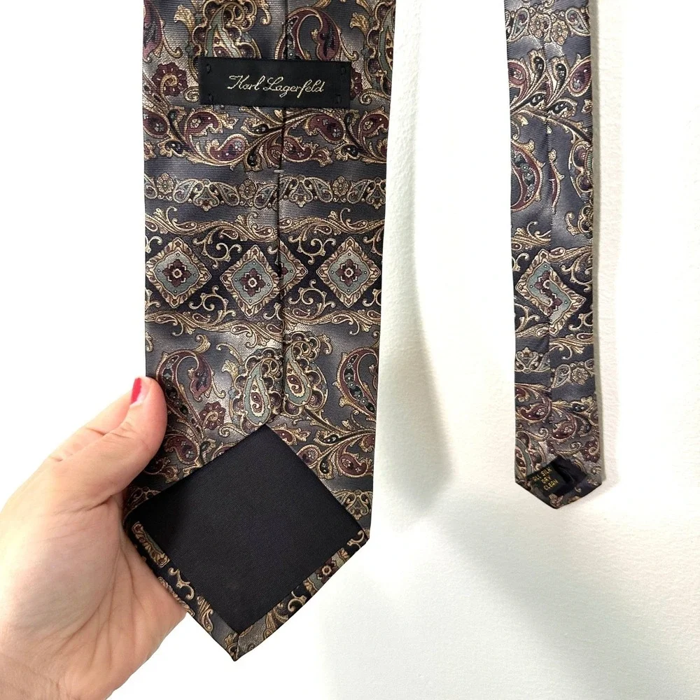 VTG Karl‎ Lagerfeld Silk Paisley Tie 90s Earth Tone Medallion USA Dark Academia
